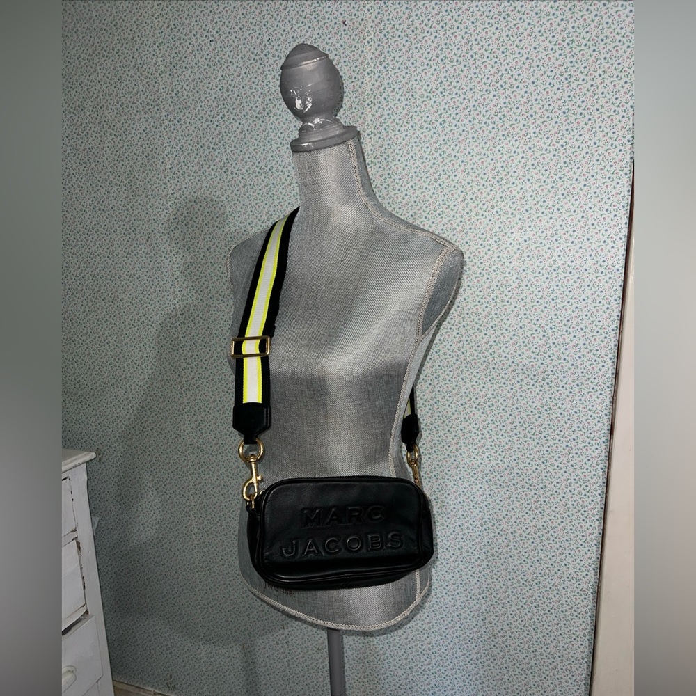 Marc Jacobs Women's Flash Leather Camera Black Yellow Wide Strap Crossbody Bag